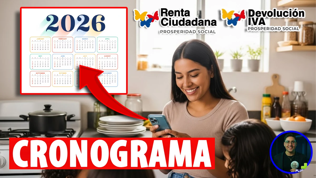 Madre soltera sonriente en la cocina mirando su celular junto a sus hijos, con un calendario 2026 visible al fondo, representando el cronograma de pagos 2026 de Renta Ciudadana y Devolución del IVA en Colombia.