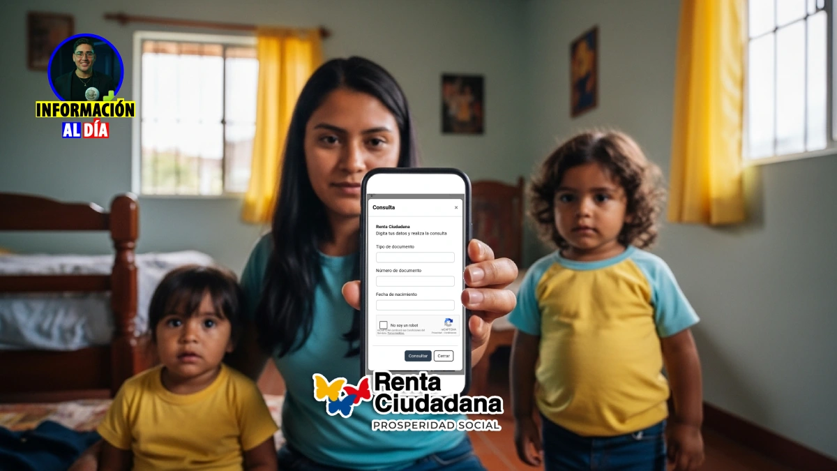 Madre colombiana con dos hijos pequeños en vivienda de estrato bajo–medio consultando un celular durante la Nueva focalización 2026.