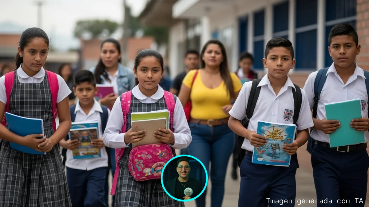 Estudiantes colombianos con útiles y uniformes escolares ingresan a una institución educativa pública acompañados por sus familias.