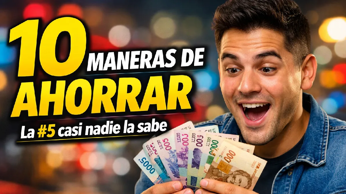 Persona feliz sosteniendo billetes colombianos junto a texto sobre las 10 mejores maneras de ahorrar dinero.