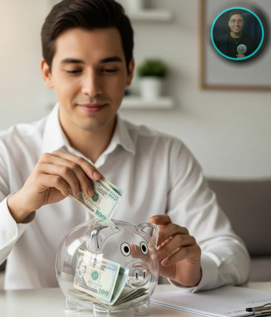 Persona guardando dinero en una alcancía aplicando una de las mejores maneras de ahorrar.