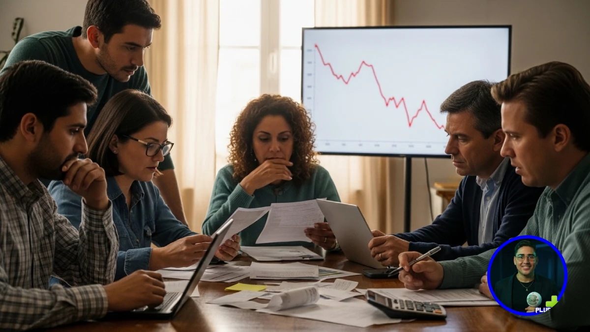 Personas revisando sus finanzas en casa frente a una gráfica descendente que representa la caída del ahorro en Colombia.