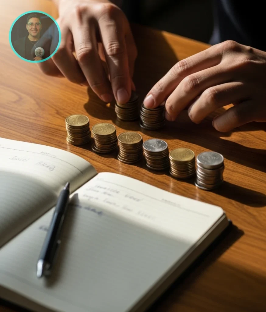 Persona separando monedas usando el método del redondeo, una de las mejores maneras de ahorrar.