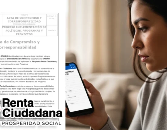 Mujer revisando en su celular el proceso para Firmar el Acta de Compromiso de Renta Ciudadana desde el portal oficial.