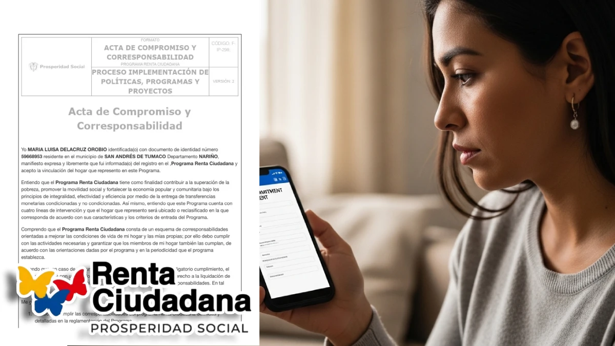 Mujer revisando en su celular el proceso para Firmar el Acta de Compromiso de Renta Ciudadana desde el portal oficial.