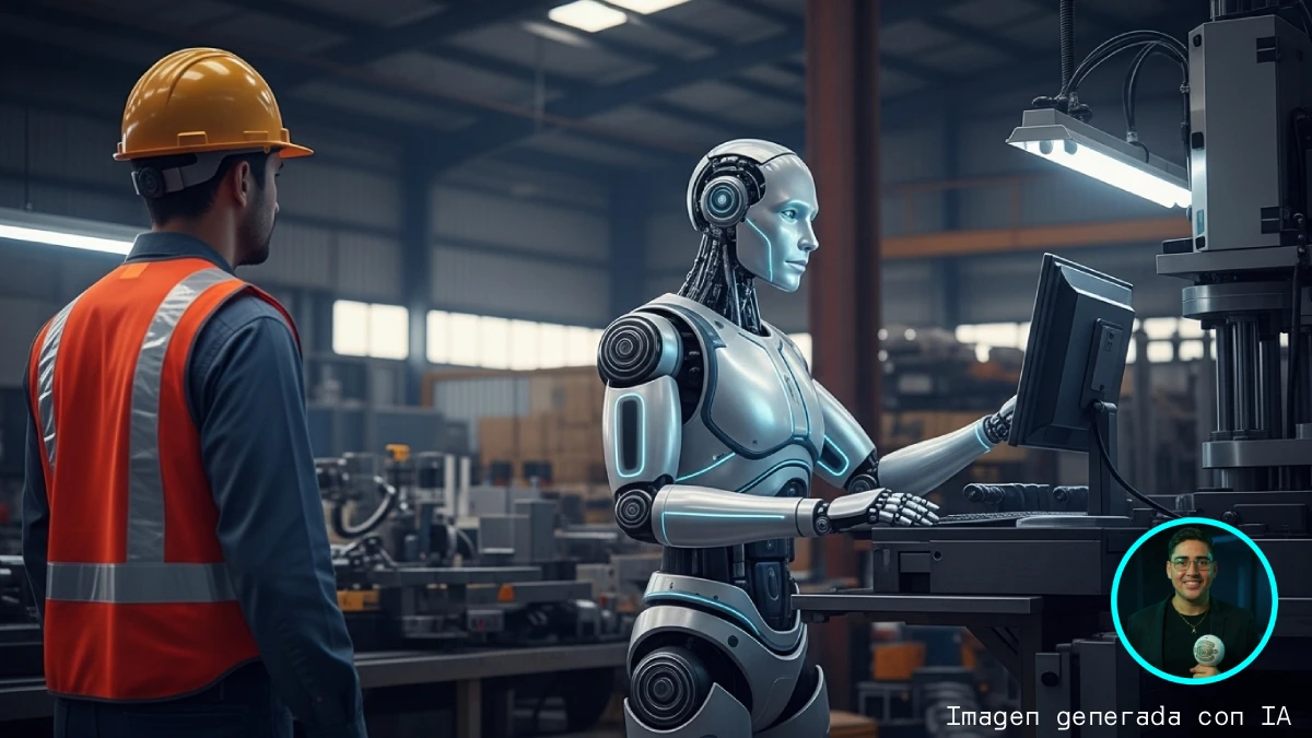 Un robot humanoide futurista operando maquinaria mientras un obrero observa a un lado en un entorno industrial.