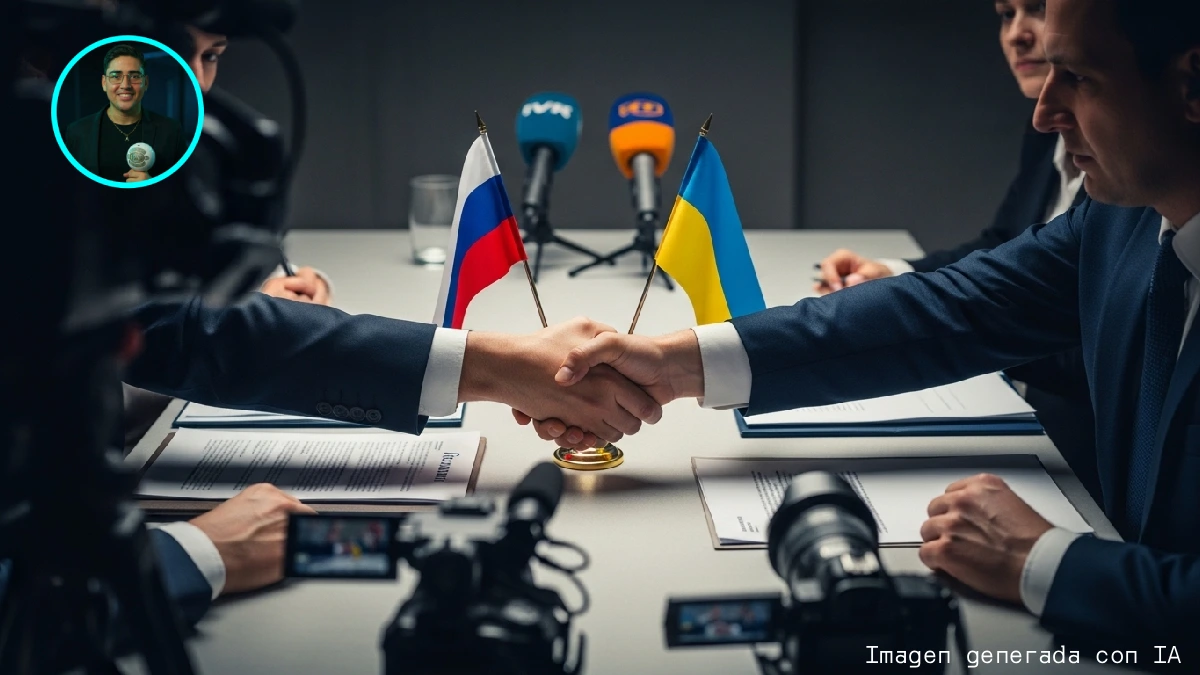 Mesa de negociación con banderas de Rusia y Ucrania enfrentadas y un apretón de manos diplomático simbolizando negociaciones de paz.