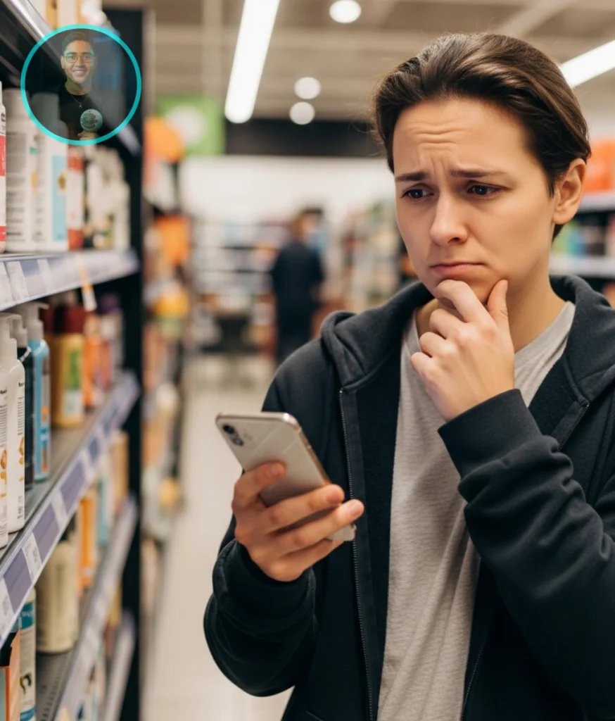 Persona pensando antes de comprar un producto como parte de las mejores maneras de ahorrar.