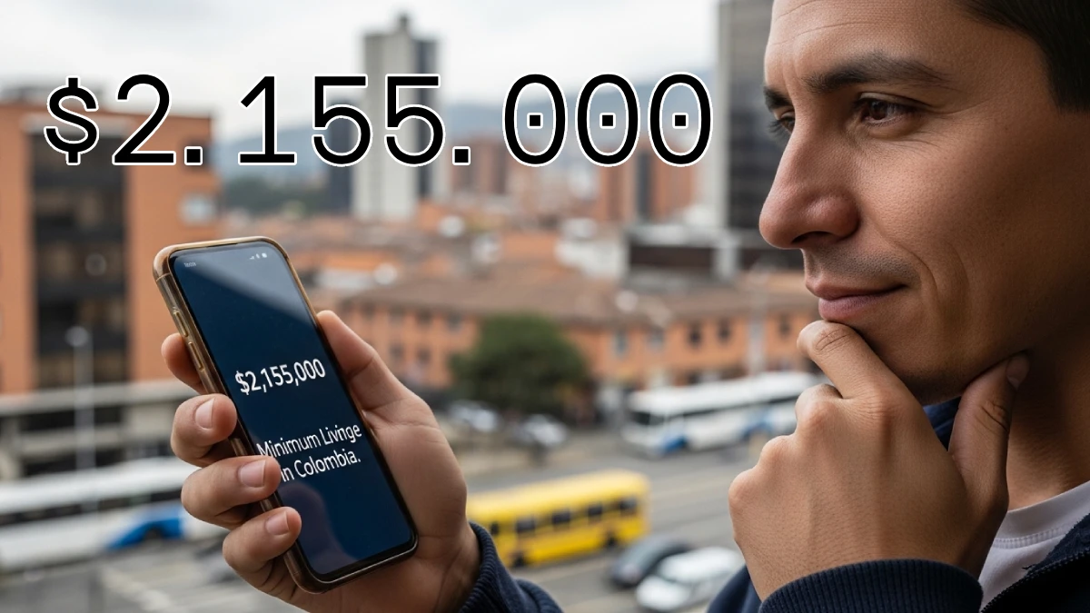 Trabajador mirando su celular con la cifra del salario mínimo vital de $2.155.000 destacada en la pantalla.