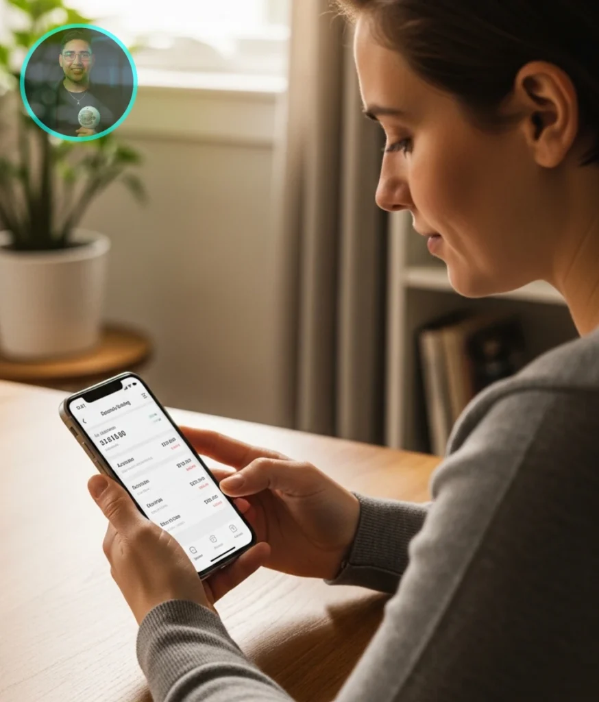 Persona usando una aplicación bancaria para ahorrar, una de las mejores maneras de ahorrar dinero.