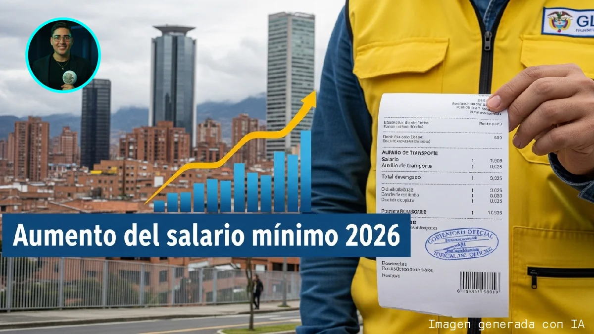 Trabajador colombiano sosteniendo un recibo de pago con el anuncio del aumento del salario mínimo 2026 y gráficos económicos en ascenso.